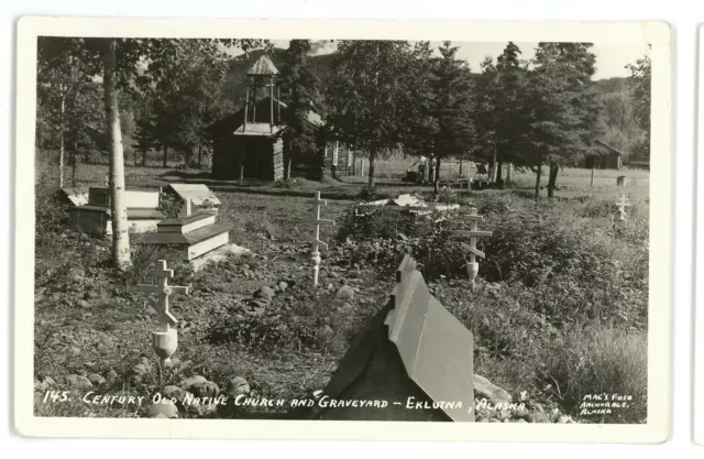 RPPC Native American Inuit Church Graveyard EKLUTNA AK Real Photo Postcard