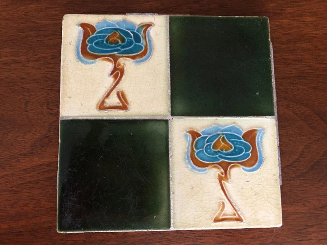Arts & Crafts style Antique Majolica English tile, 6" x 6"