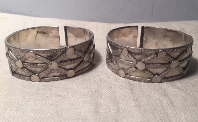 Pair Antique Ethnic Tribal Ornate Solid Sterling Silver Bangle Bracelets