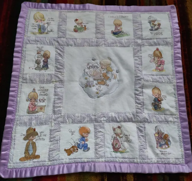 Vintage Handmade Embroidered Precious Moments Religious Quilt Blanket 38x38 Baby