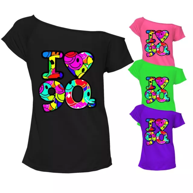 I Love The 90s T Shirt Top Pop Retro 90's Music Ladies Off Shoulder Tee 6684