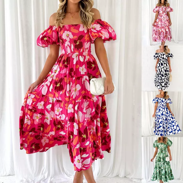 Womens Boho Floral Maxi Long Dress Summer Cold Shoulder Holiday Loose Sundress