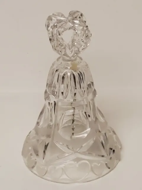Vtg Clear Glass Crystal Wedding Christmas Large Hand Bell Frosted Heart Shape 7"