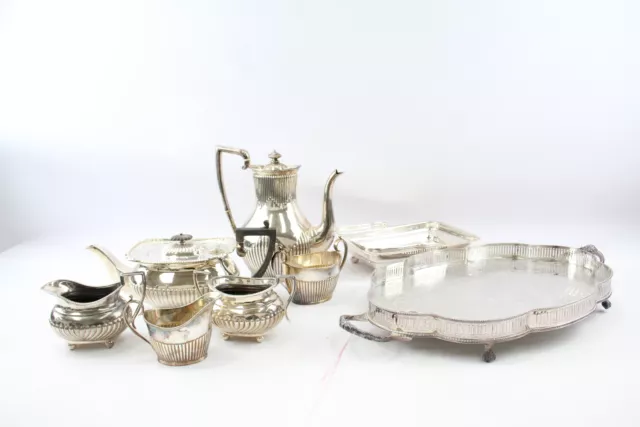 Silver Plate Plate Antique Vintage Gallery Tray George III Tea Set x 8 5241g