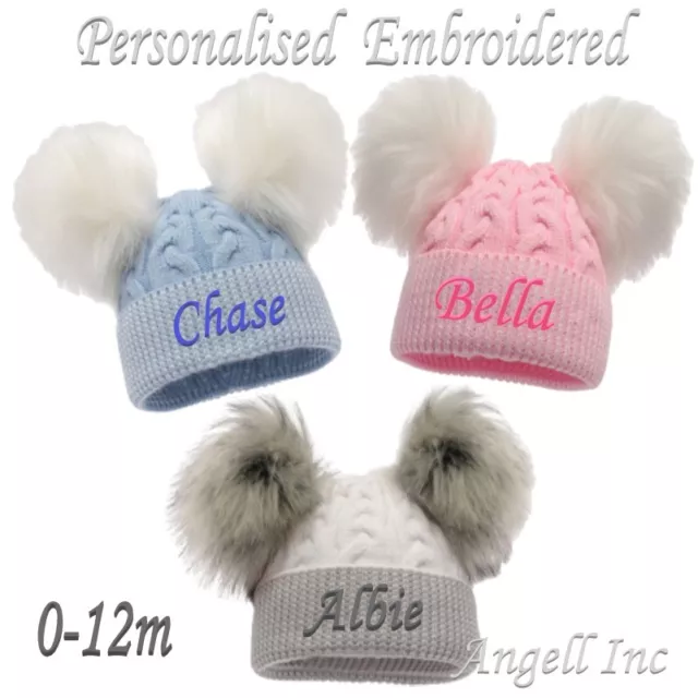 PERSONALISED BABY POM POM HAT KNITTED WINTER WHITE PINK BLUE GREY GIFT NB 0-12m