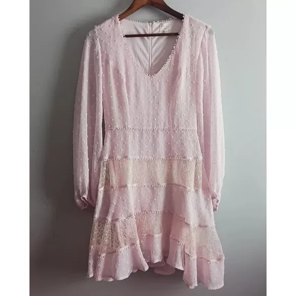 Dee Elly Soft Pink Lace Long Sleeve Ruffle Mini Dress 