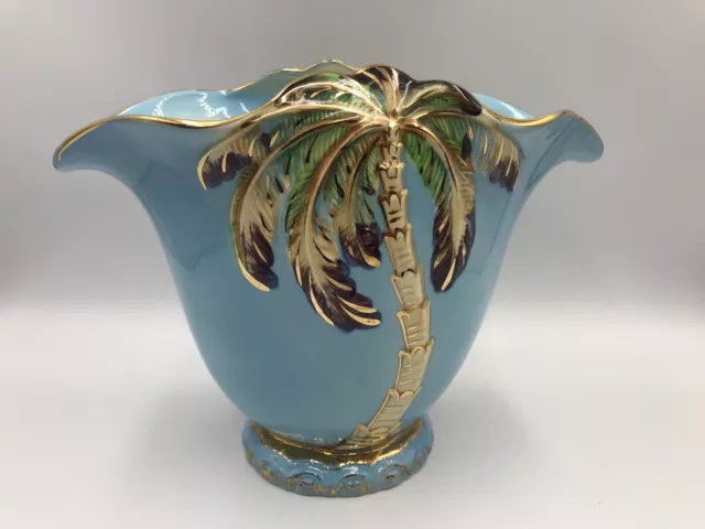 Beswick Large Palm Tree Ceramic Vase 21.5cm Turquoise Blue & Gold Vintage #1069 2