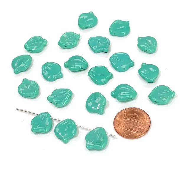 Czech Druk Glass Beads, Leaf Peonia Shape Top Hole Across 14x12mm Turquoise 20pc