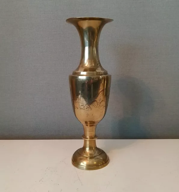 Vintage Indian Decorative Brass Decor Stem Vase Etched Leaf Pattern 30cm Tall