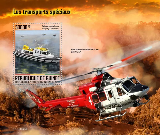 Guinea 2019 MNH Special Transport Stamps Ambulance Boats Helicopters Bell 1v S/S