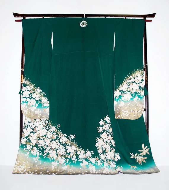 Furisode Kimono Robe L Green Silk Shibori Floral Wedding Dress Vintage  F/S