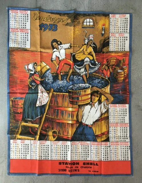 TORCHON 1982 TISSU VINTAGE CALENDRIER PUBLICITAIRE CUISINE VOITURE