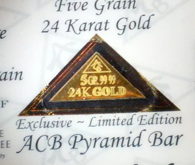 5 Pack of ACB GOLD PYRAMID 5GRAIN 24K SOLID BULLION MINTED BAR 99.99 FINE COA !.