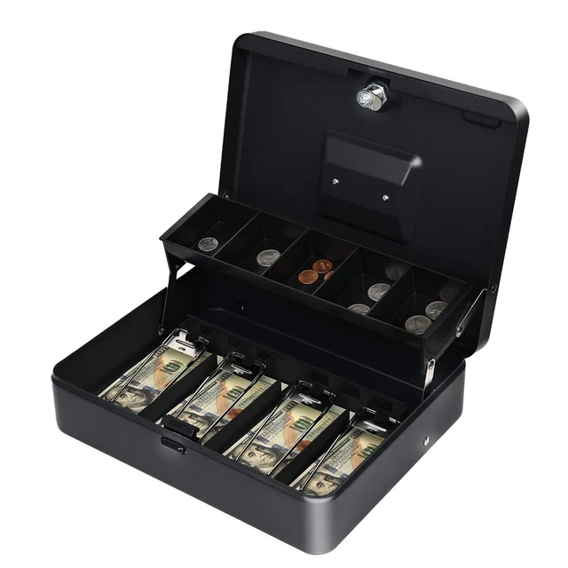 Cash Box Key Lock on Top, 11.8L x 9.5W x 3.5H Inches, Black Metal