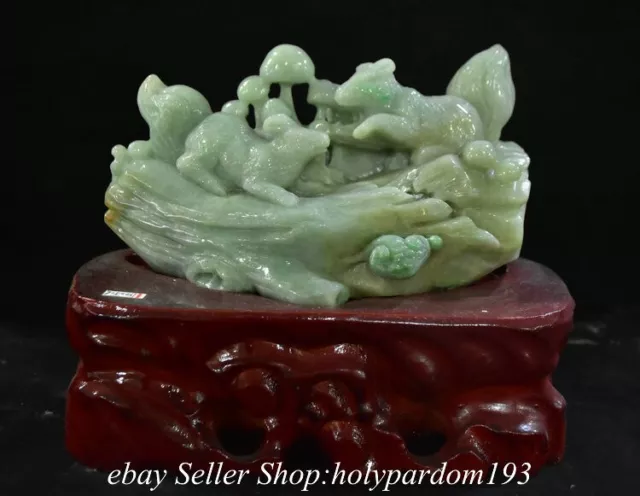 7.2" Chinese Natural Emerald Jade jadeite Carved Tree Squirrel Mushroom Statue
