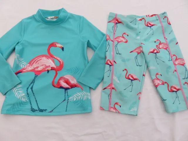 John Lewis Turquoise & Pink Flamingo Rash Vest Set Swim Suit Age 5 - 6 Upf 40+