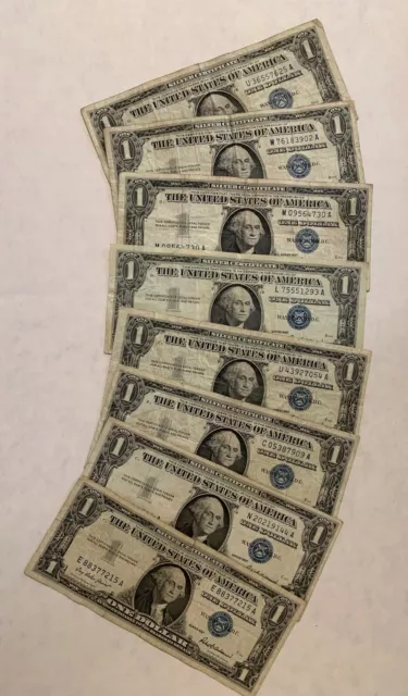 1957 Silver Certificate Blue Seal $1 Banknotes. (Lot of 8) One Dollar Bill