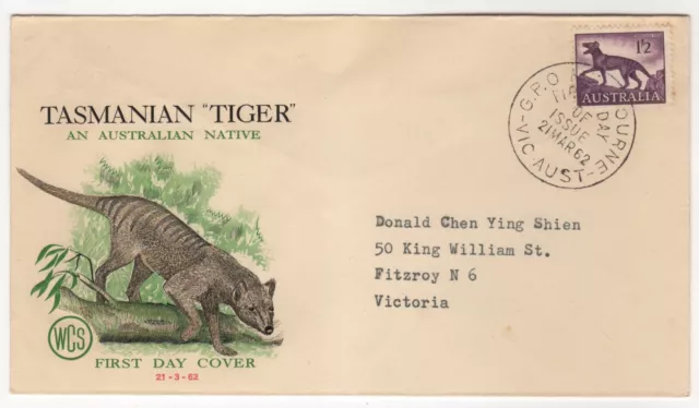 1962 Mar 21st. WCS First Day Cover. 1/2d Tasmanian Tiger.