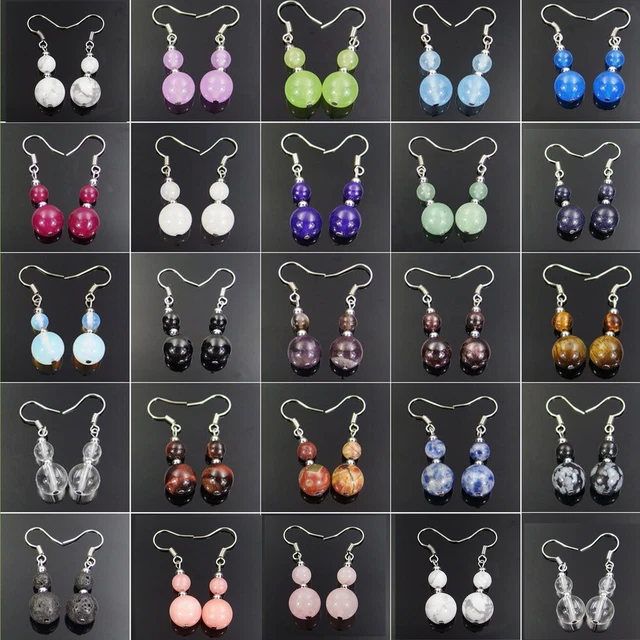 Fashion Assorted Natural Gemstone Beads Silver Plated Dangle Earrings 6mm 10mm
