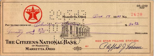 1957 Texaco Oil Marietta Ohio Red Star Filling Station Cancelled Check Ephemera