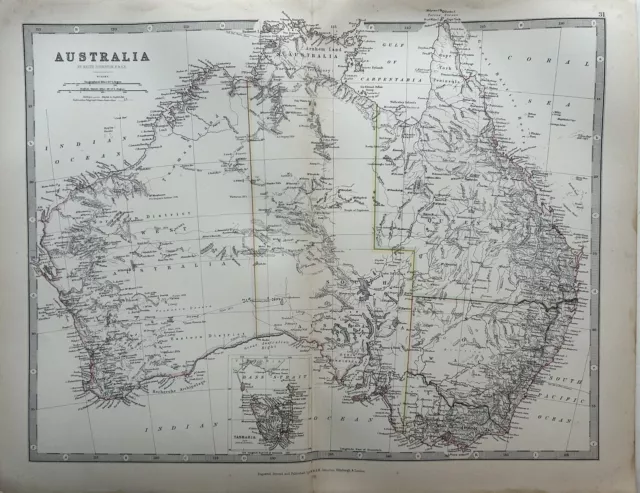1884 Australia Hand Coloured Original Antique Map by Johnston