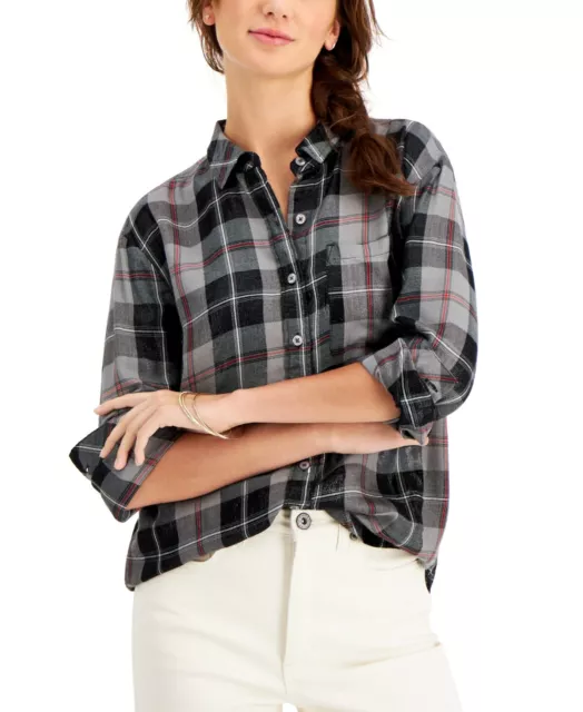 MSRP $41 Style & Co Petite Sparkle Plaid Boyfriend Shirt Black Size