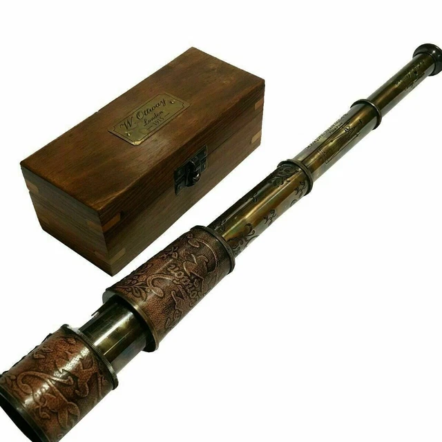 Vintage Maritime Brass & Leather Coated Telescope With Wooden Case Spyglass
