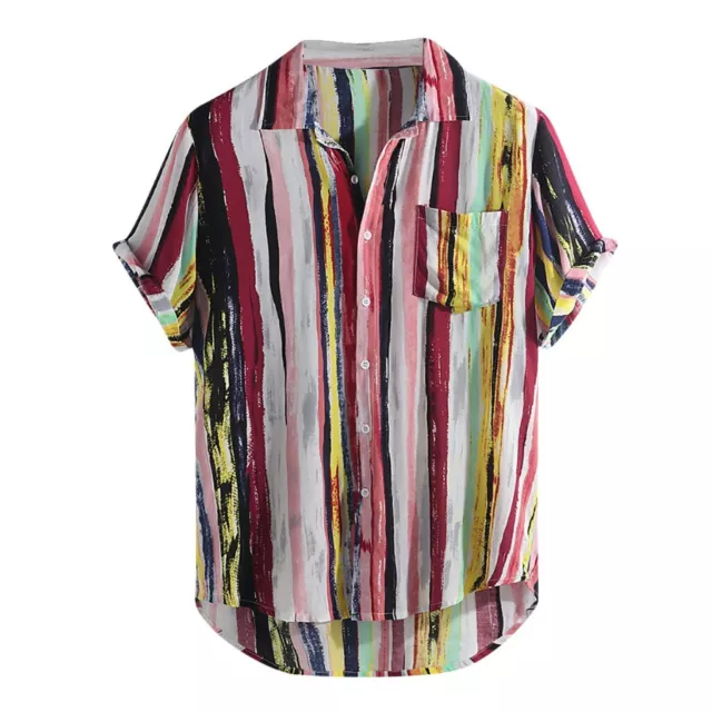 Men Multicolor Striped Lump Chest Pocket Short Sleeve Loose T-Shirt Blouse 3