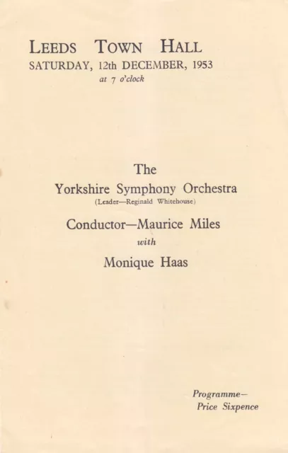 Concert Programme 1953 Leeds Yorkshire Symphony Monique Haas  Maurice Miles