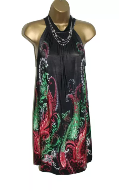 Stunning Silky Halter Dress Size 12 M Black Red Green Paisley Evening Party