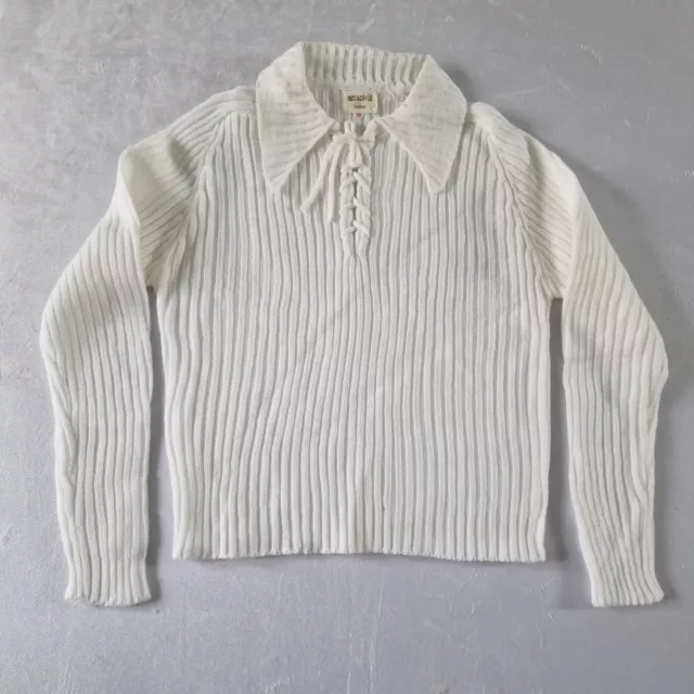 Vintage Dagger Collar Jumper -9-10 YR-White Ribbed Acrylic Deadstock 1970s KA94