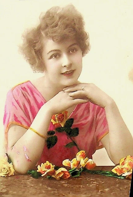 Hand Colored/Tinted Portrait Young Lady With Flowers Vintage Postcard  -Bb-27