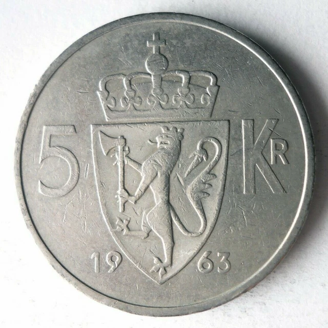 1963 NORWAY 5 KRONER - Excellent Collectible Coin - FREE SHIP - Bin #167