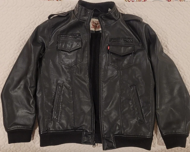 Men XL Black Levi's Insulated Leather Biker Trucker Jacket Coat Levi Straus