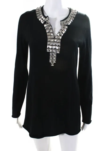 Tory Burch Womens Merino Wool Knit Studded V-Neck Tunic Dress Black Size M