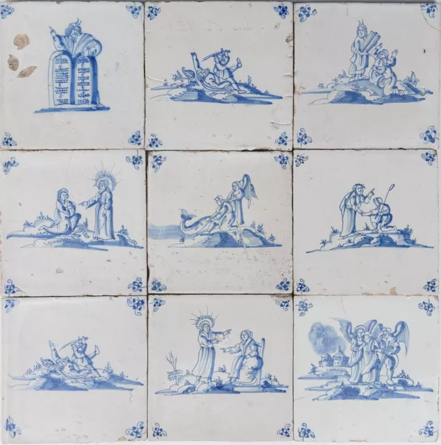 Nice set of 9 Dutch Delft Blue fine painted tiles, biblical, 18th. century.