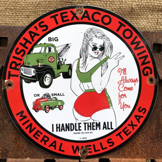 Vintage 1962 Dated Porcelain Trisha's Texaco Towing Texas Gas Oil Sign