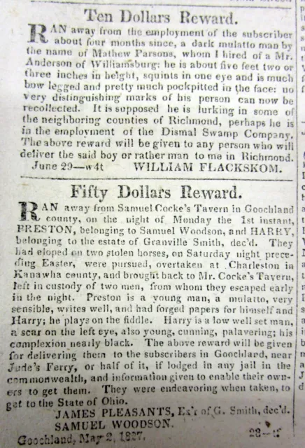 1827 Richmond VIRGINIA newspaper w 2 FP ads offering a REWARD for RUNAWAY SLAVES