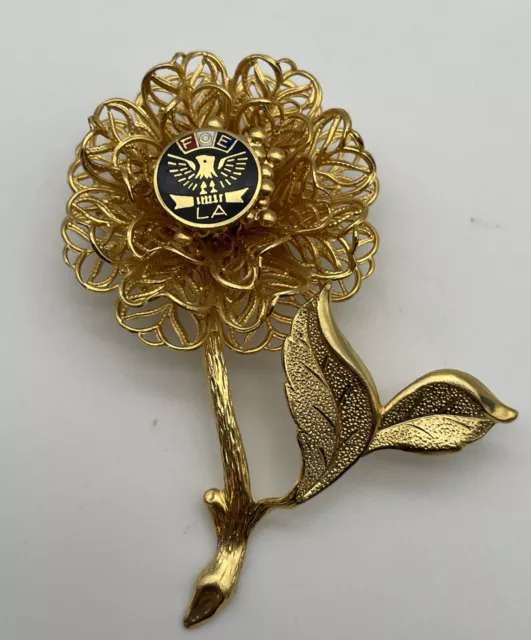 Vintage Gold Tone FOE Eagle LA Flower Brooch Pin