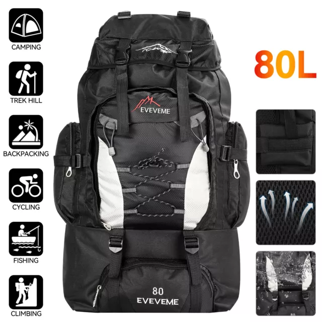 80L Extra Large Hiking Camping Backpack Rucksack Waterproof Travel Luggage Bag