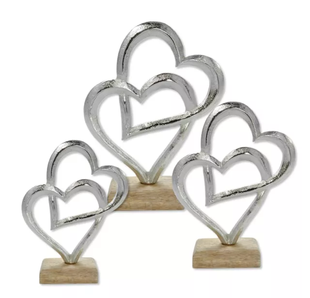 Metall Figur zwei Herzen auf Holz-Fuß Dekofigur Tisch-Deko Metallherz Skulptur