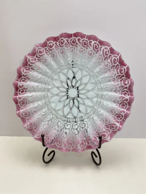SYDENSTRICKER Embassy Pink Cake Plate Fused Art Glass Lace 12", Ruffled NICE!