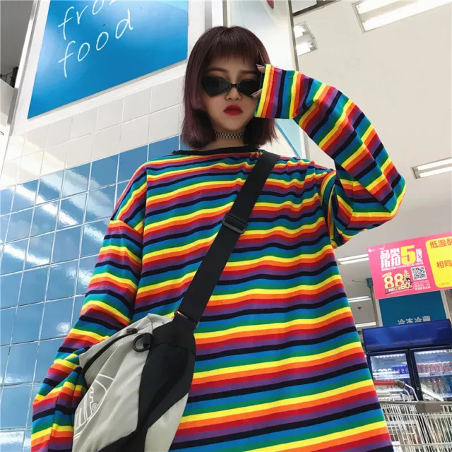 Woman T Shirt Rainbow Stripe Autumn Harajuku Shirt Long Sleeve Plus Size Tops❤