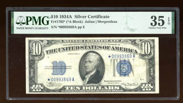 DBR 1934-A $10 Silver STAR Fr. 1702* PMG 35 EPQ Serial *00993869A