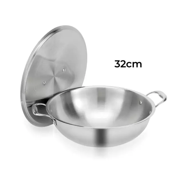 Royalford 32cm Wok With Lid Stir Frying Triply Induction Base Stainless Steel