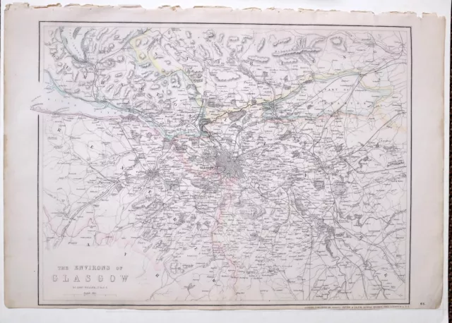 1864 Large Antique Map ~ Glasgow Environs Maryhill Railway Stations Paisley