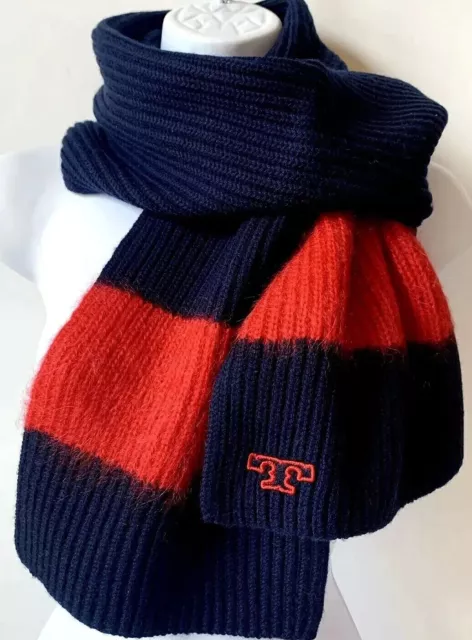 Tory Burch Striped Ski Scarf Merino Wool Tory Navy Red Embroidered Logo Nwt 2