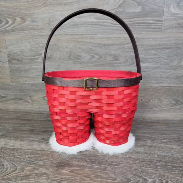 Red White Christmas Basket Santa Claus Pants Handle Holds 2 bottles of Wine