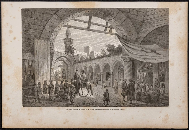 1865 - Un bazar à Tunis - Gravure ancienne - Amable Crapelet - Afrique
