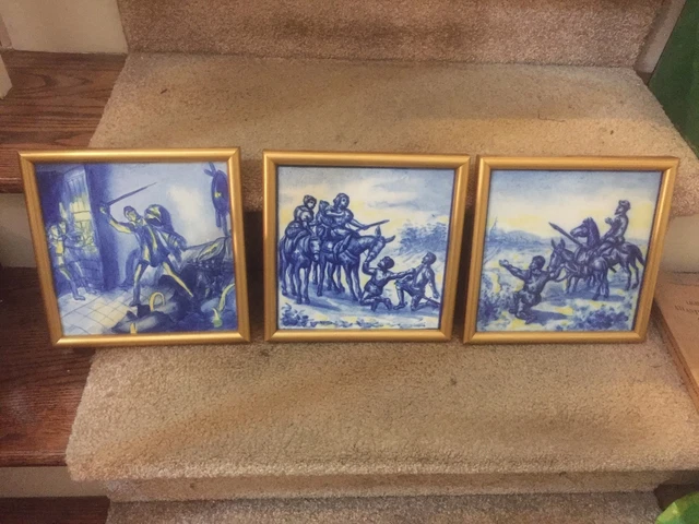 3 antique framed blue and white tiles hand painted Medieval soldier scenes nice